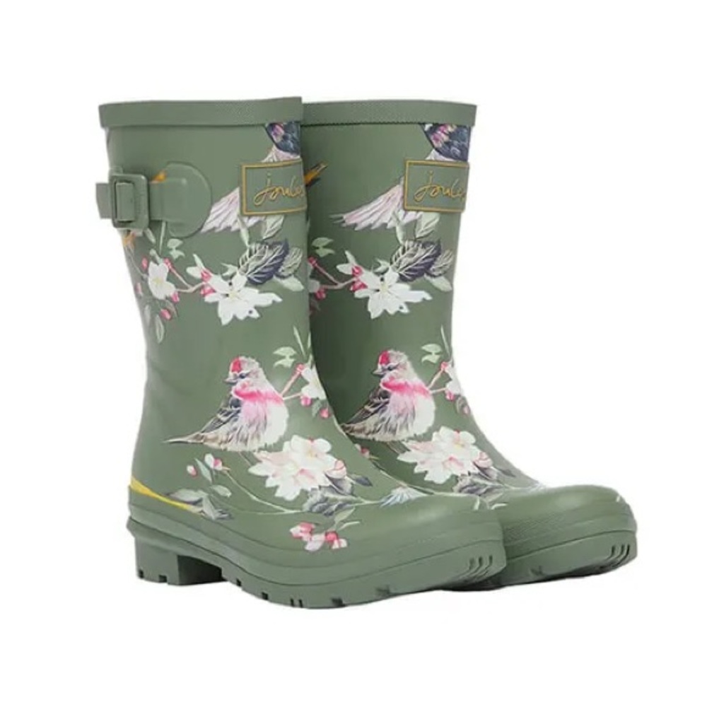 Joules Waterproof Women’s Boots. NWOT Size 9. Khaki green w/colorful bird design